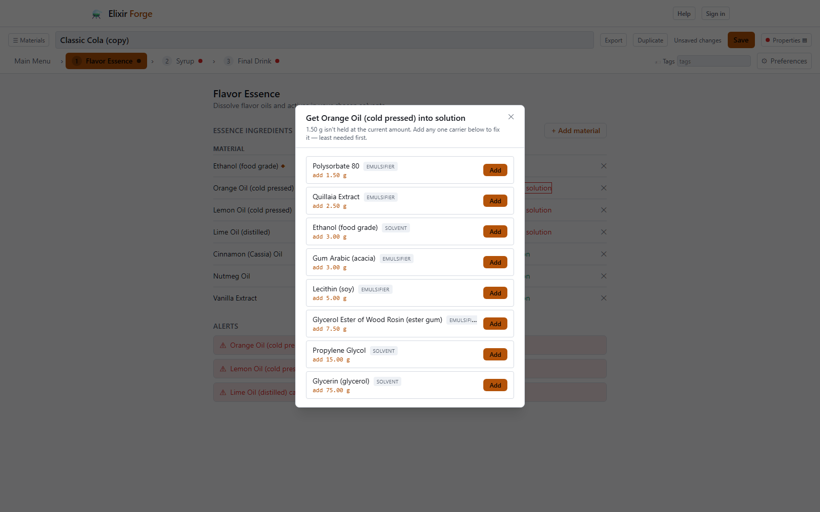 The fix dialog for orange oil listing emulsifiers and solvents with the amount needed