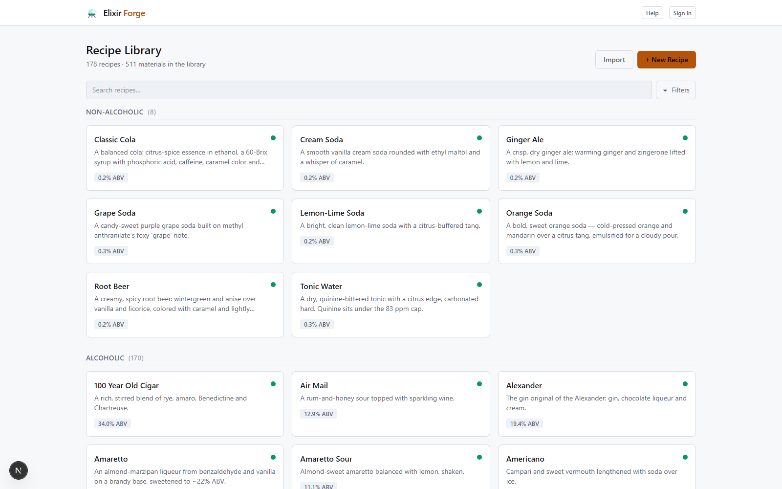 The Recipe Library home page with recipe cards grouped by alcohol content