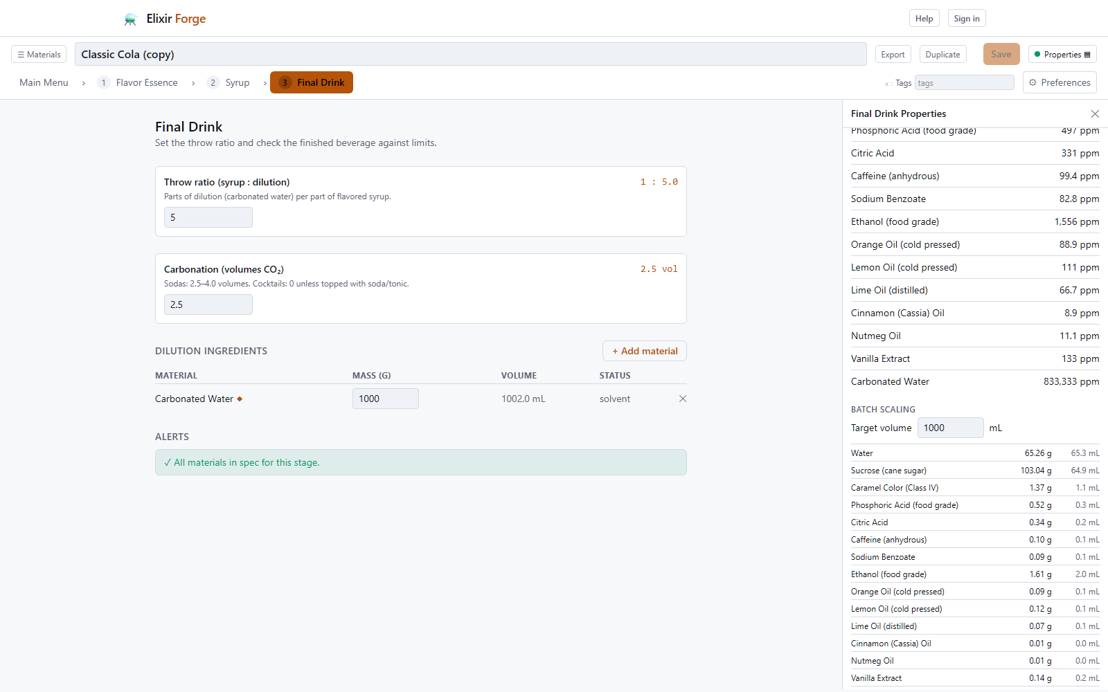 The bottom of the properties panel with ingredient concentrations and batch scaling