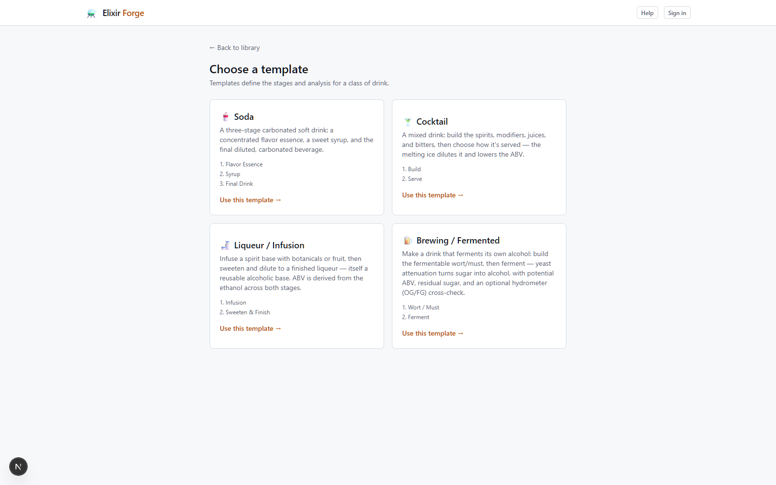 The template picker showing Soda, Cocktail, Liqueur / Infusion and Brewing / Fermented